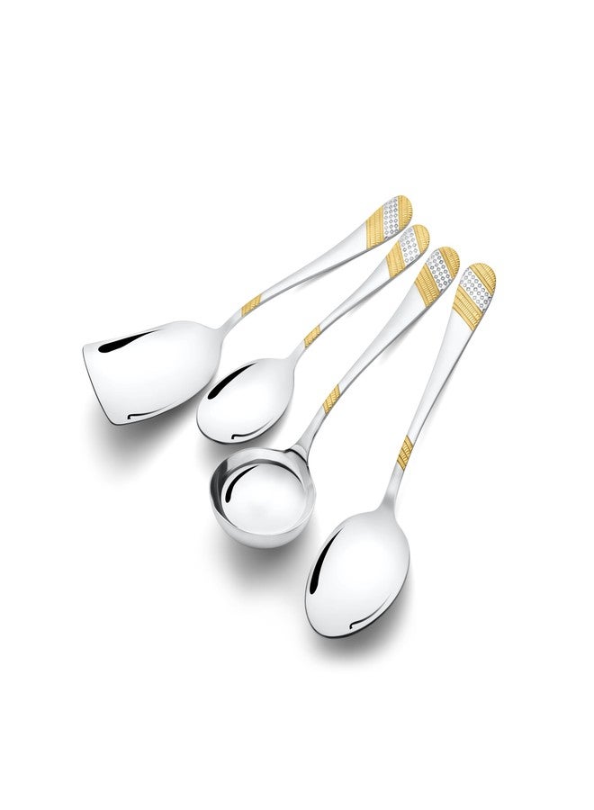 FnS Imperio Stainless Steel 24 Karat Gold Plated Serving Set of 4 (1 Small Serving Spoon, 1 Large Serving Spoon, 1 Gravy Ladle, 1 Rice Server) - Image 2